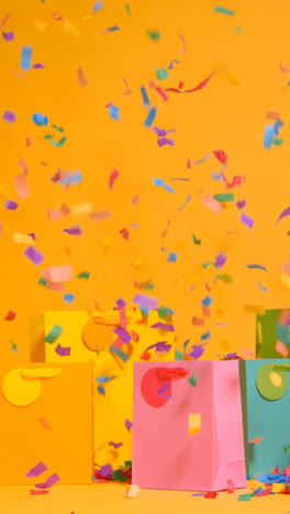 Vertical-Video-Studio-Shot-Of-Colourful-Birthday-Party-Gift-Bags-Against-Yellow-Background-With-Falling-Paper-Confetti